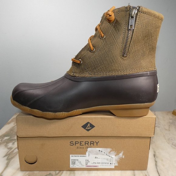 NiB Sperry Women's Ebossed Saltwater Boots, Brown/Olive, 9.5 - Picture 5 of 11